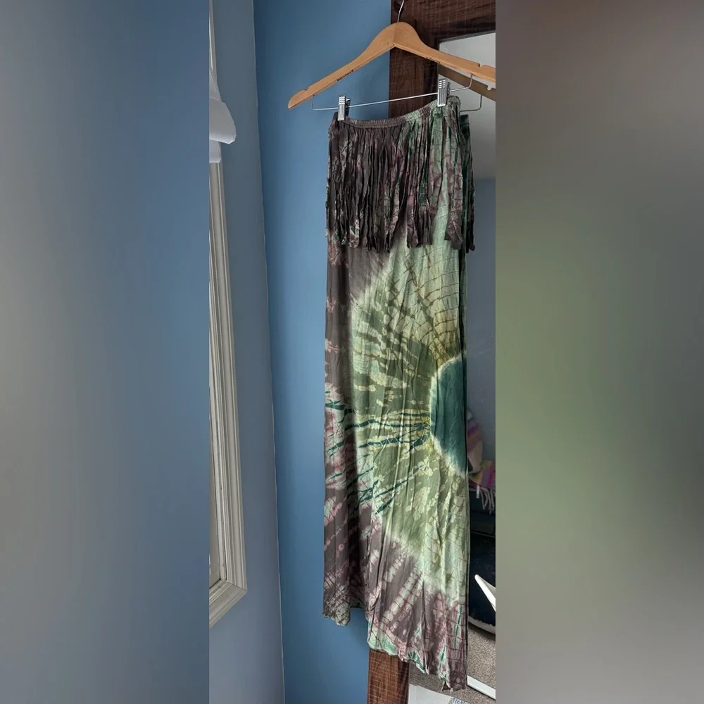 EARTHBOUND Green and Purple Maxi Dress Fringe Front Resort - Picture 2 of 8